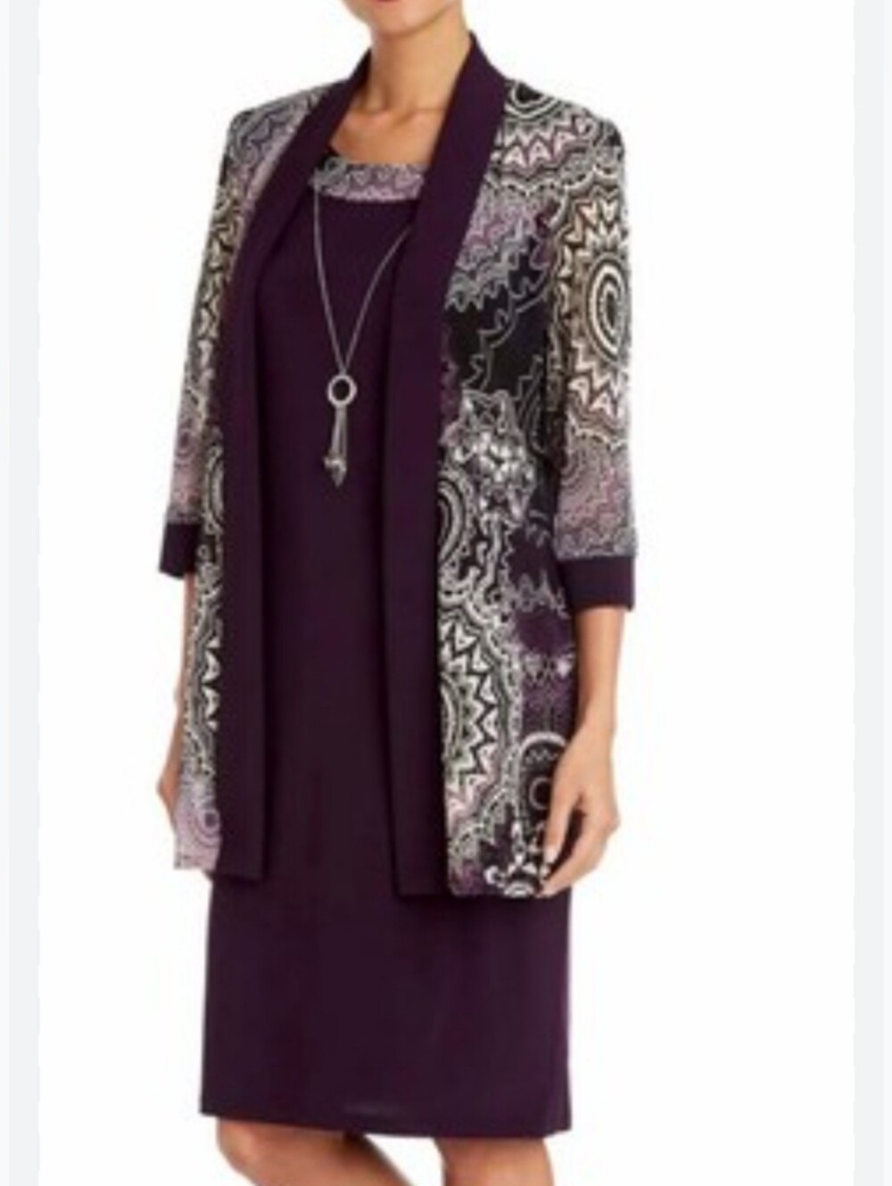 NWT! R&M Richards 2 Piece Printed Jacket And Dress Set Petite - Eggplant